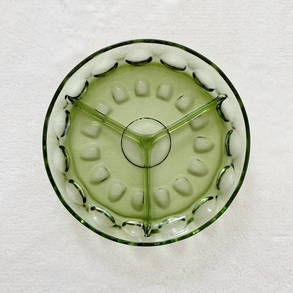 Vintage Green Glass Relish Dish 3 Section Divided Serving Bowl 8”